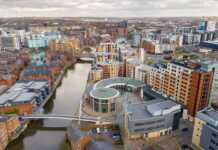 aerial view of Leeds buildings and canal