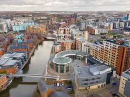 aerial view of Leeds buildings and canal