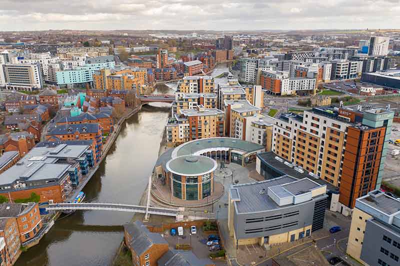 aerial view of Leeds buildings and canal