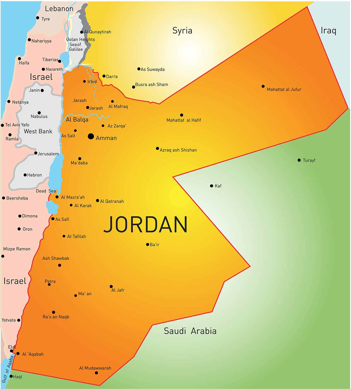 Map with a list of towns and cities in Jordan