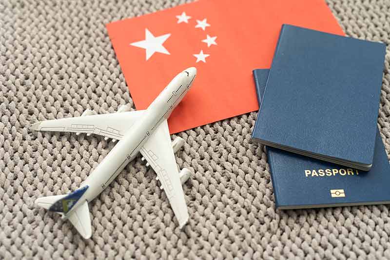 Flag Of China With Passport And Toy Airplane