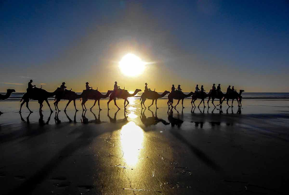 longest sea beach in the world Camel ride at sunset on Broome's Cable Beach