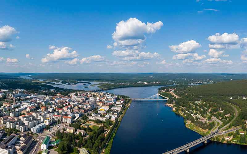 main cities in finland rovaniemi aerial view of city and water