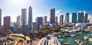 panoramic aerial view of Miami city skyline and harbour