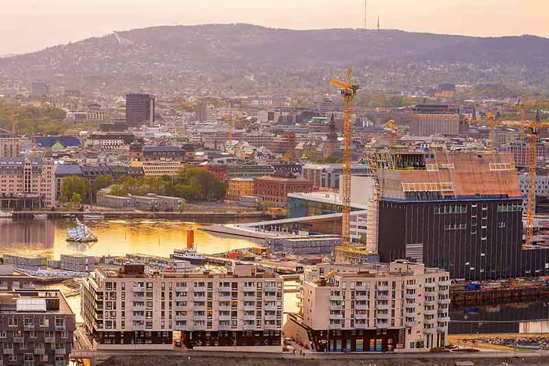 Oslo Waterfront Downtown City Skyline Cityscape In Norway At Sunset