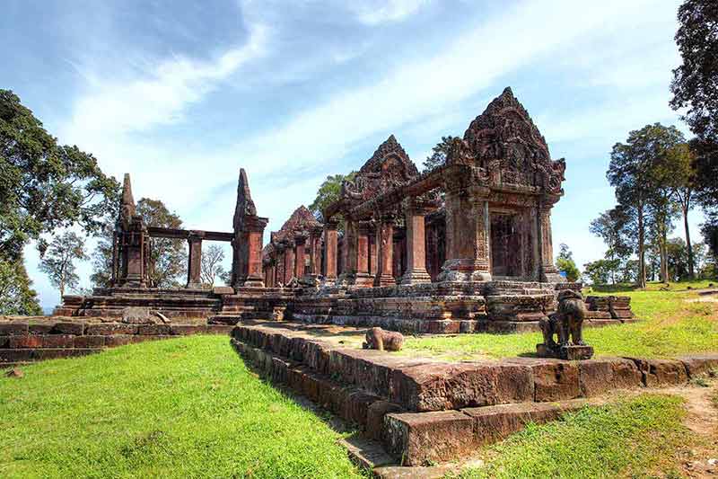 major landmarks in cambodia blue sky and temple ruins