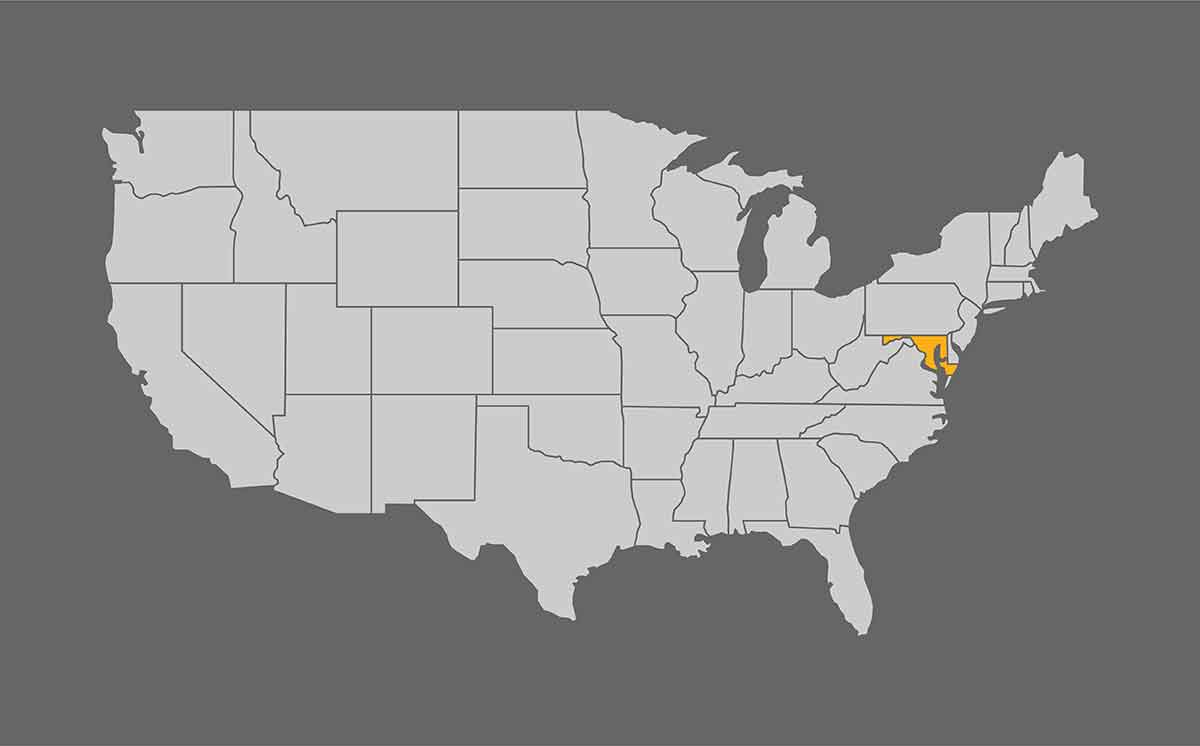 maryland highlighted in yellow on USA map