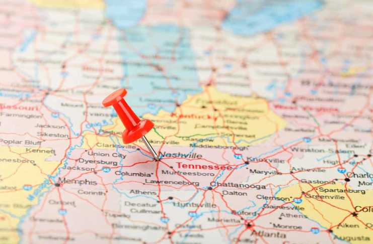 memphis tennessee to nashville tennessee Red clerical needle on a map of USA, South Tennessee and the capital Nashville.