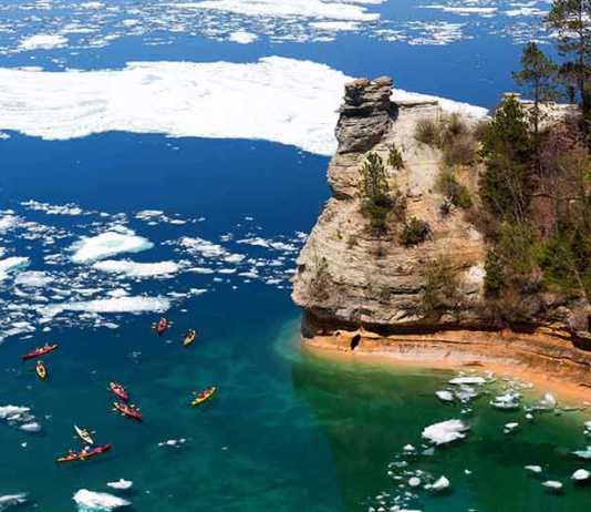 Miners castle with blue water and ice flows