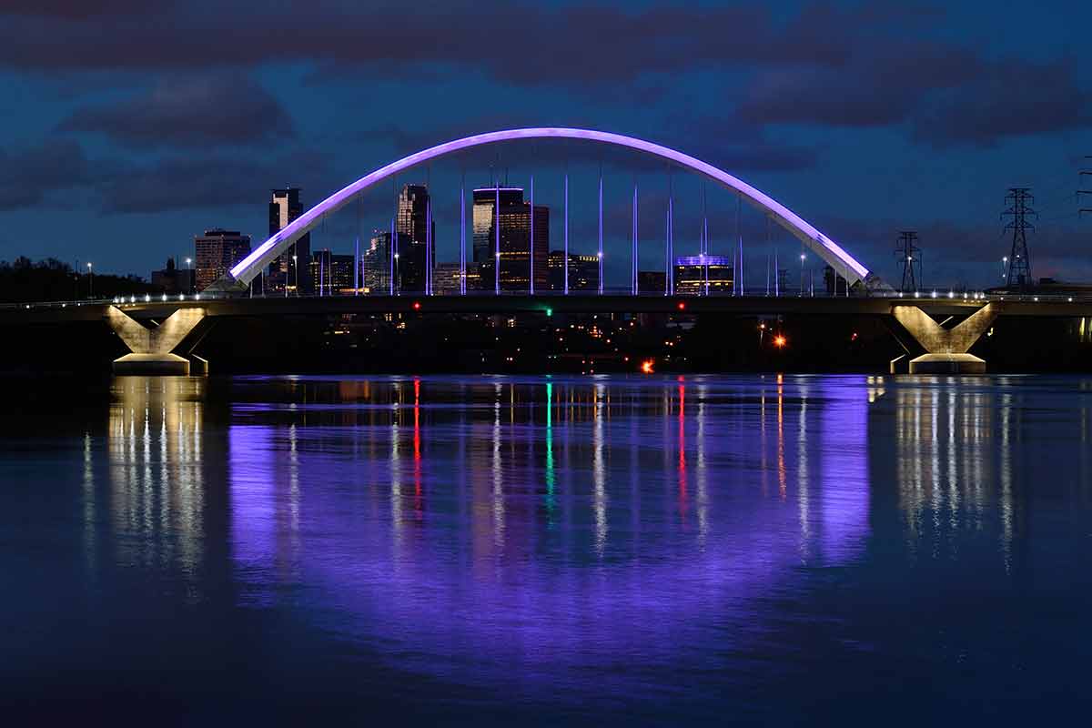 Lowry Avenue Bridge illuminated at nignt is a minnesota landmark in minneapolis