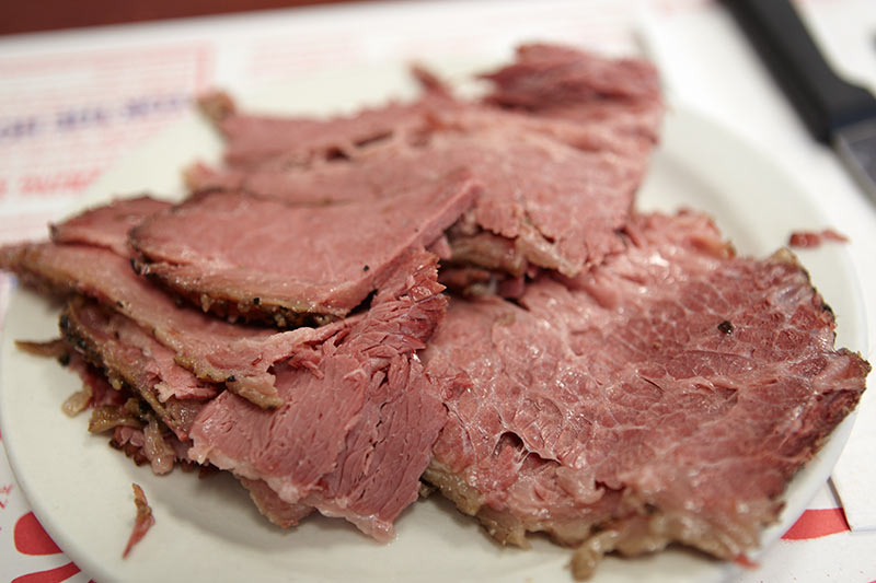 Smoked Meat on a plate at Schwartz's Delicatessen