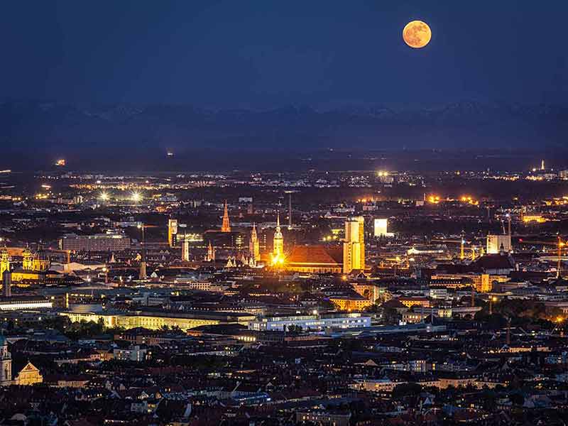 Night aerial view of Munich from Olympiaturm (Olympic Tower). Munich, Bavaria, Germany.