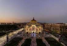 museums at night mexico city Aerial view of Palace of Fine Arts