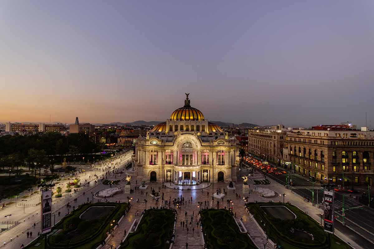 museums at night mexico city Aerial view of Palace of Fine Arts