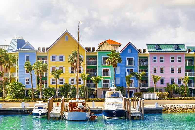 nassau bahamas colourful buildings and boats