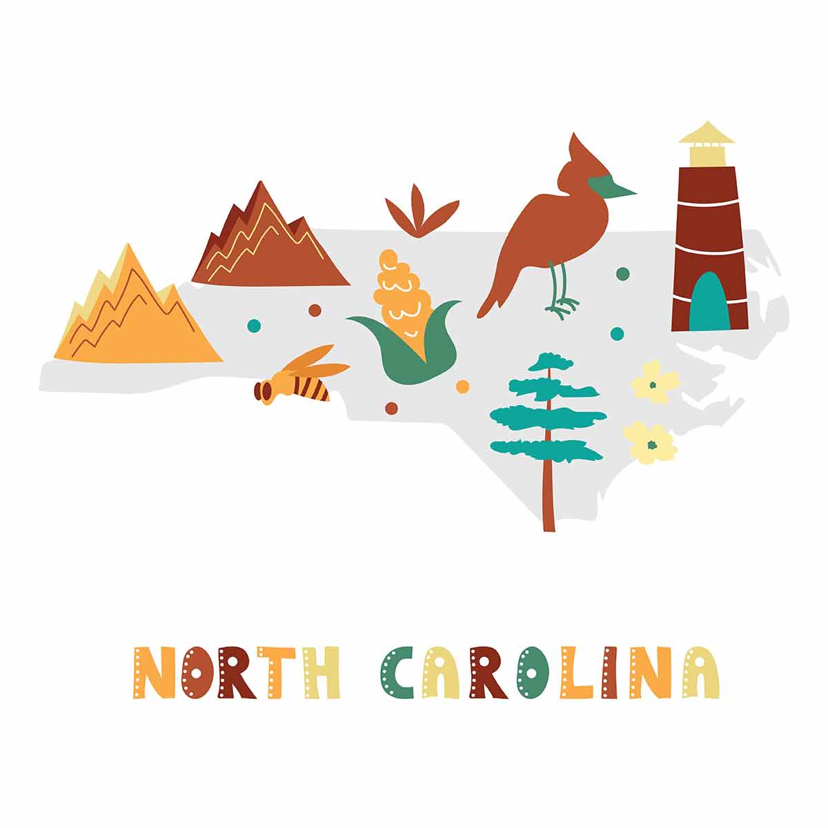 national parks in north carolina list State symbols and nature on gray state silhouette - North Carolina. Cartoon simple style for print