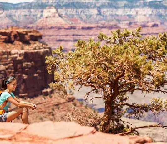 national parks in utah and arizona Girl hiker hiking on landscape trail in Grand Canyon National Park,