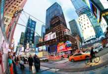 New York to San Francisco: The Epic Road Trip Every American Should Take Once Times Square, featured with Broadway Theaters and huge number of LED signs fish eye view
