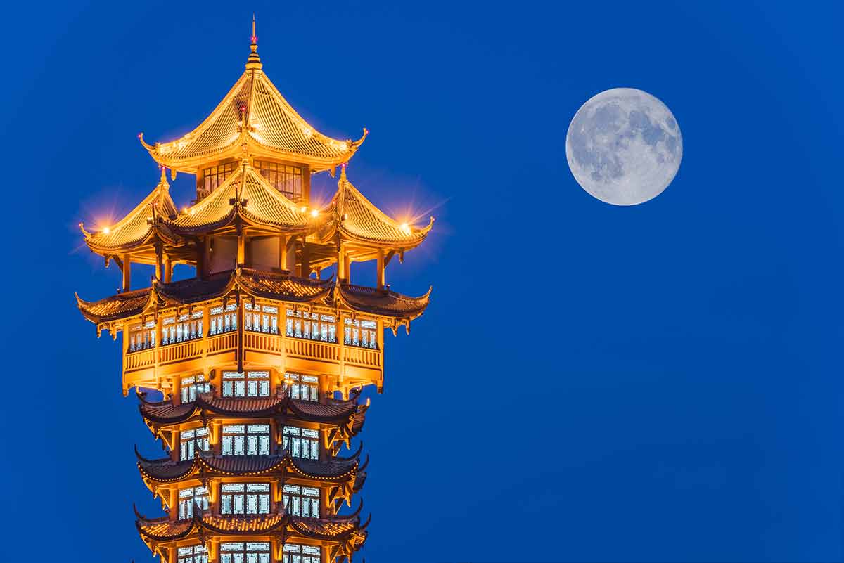 Chinese Traditional Tower Illuminated At Night