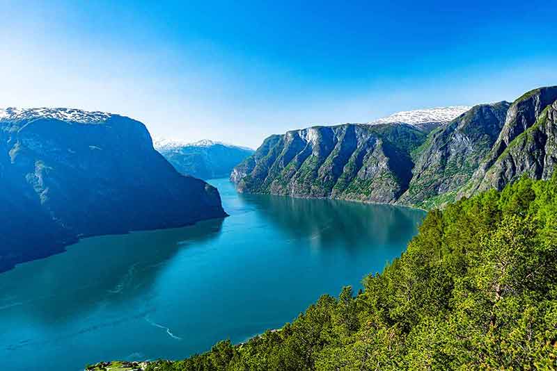 norway best time to visit Sunny day, landscape with mountain, fjord, forest