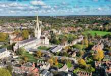 norwich aerial view of cathedral, buildings and greens