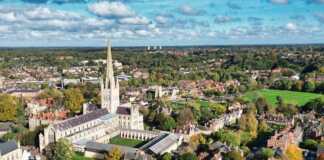norwich aerial view of cathedral, buildings and greens