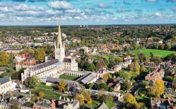norwich aerial view of cathedral, buildings and greens