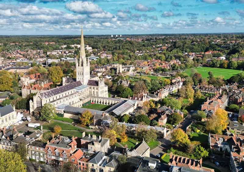 norwich aerial view of cathedral, buildings and greens