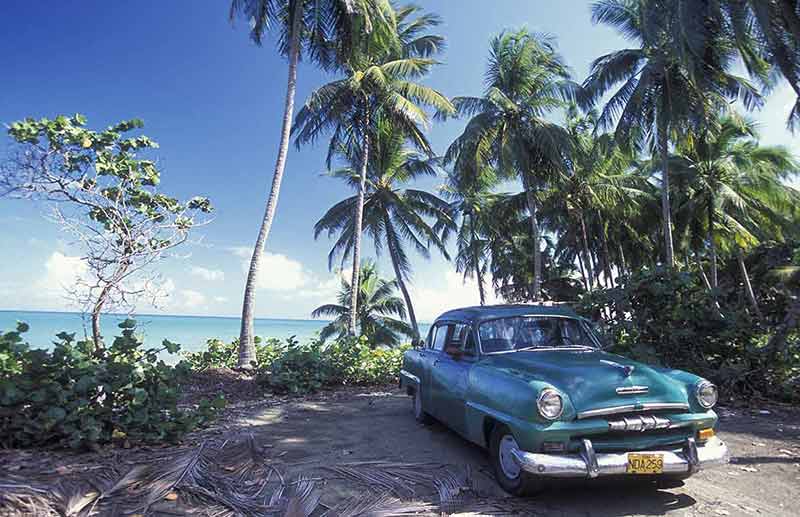 nude beaches in Cuba classic car and palm trees