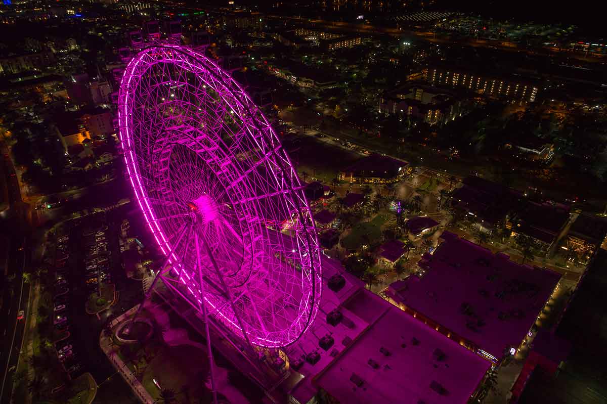 orlando at night the eye lit up in pink