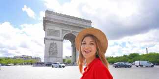 Woman Walking In Paris With Arc De Triomphe, France