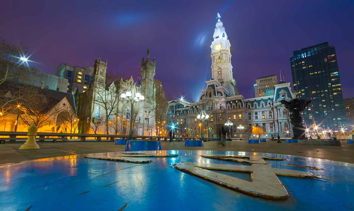 Wide angle view of Philadelphia historic city center at night