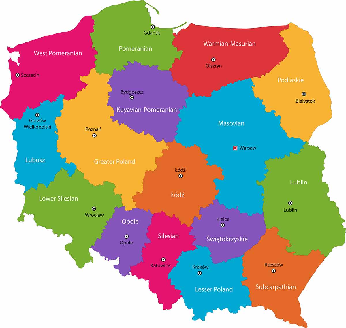 colourful poland cities map