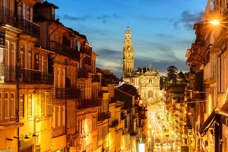 Porto With Dos Clerigos Cathedral At Night