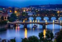 prague at night bridges and buildings