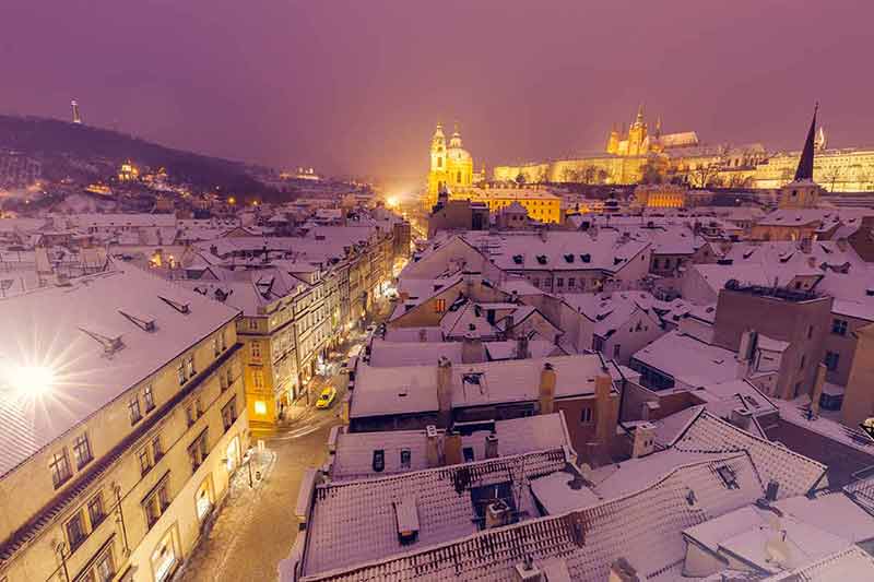 Winter In Prague with snow-covered rooftops