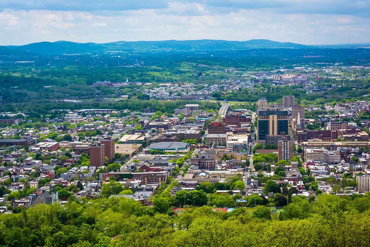 reading pa aerial view of city with mountains in the background