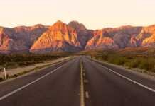 San Francisco To Las Vegas: The Epic Road Trip Between Two Iconic Cities golden light just after dawn on the canyon and a road leading to it