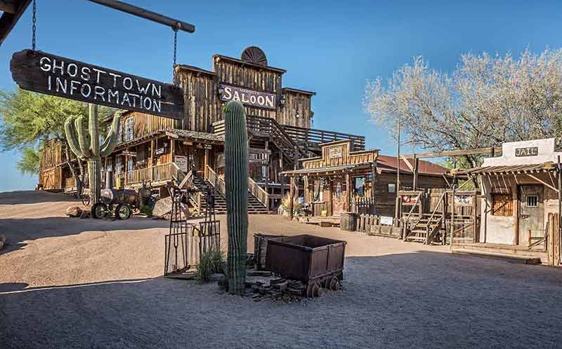 route 66 arizona ghost towns signs saying 'ghost town informaion' and 'saloon'