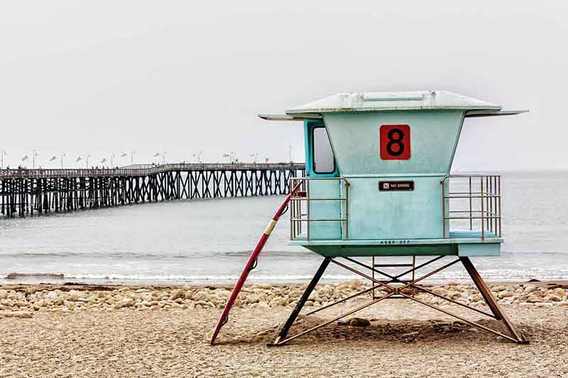 Lifeguard Stand and surfboard at Ventura Pier.