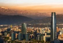 santiago chile at dusk with Andes in the background