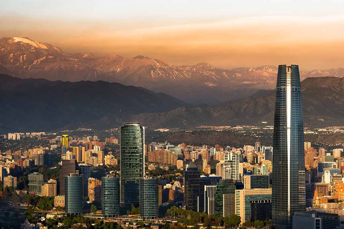 santiago chile at dusk with Andes in the background