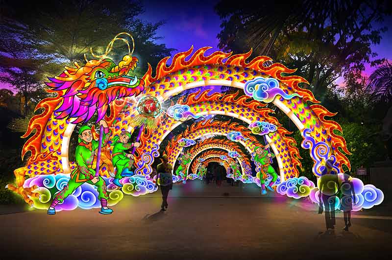 singapore night dragon arch lit up at night