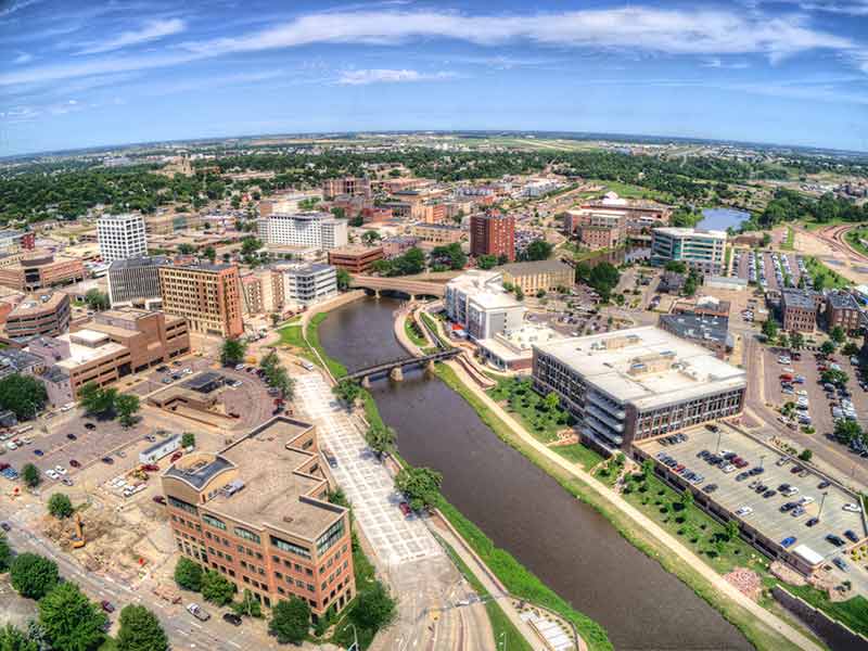 aerial view of sioux falls city and river