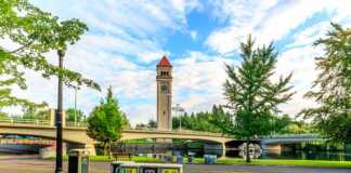 spokane blocks speling out the name of the city and clock tower in the background
