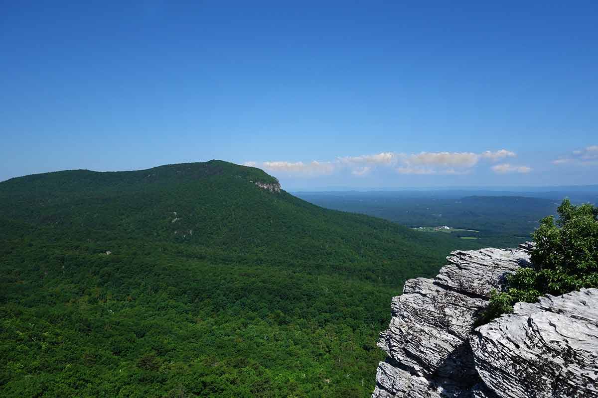 view of the green mountains from Hanging Rock.