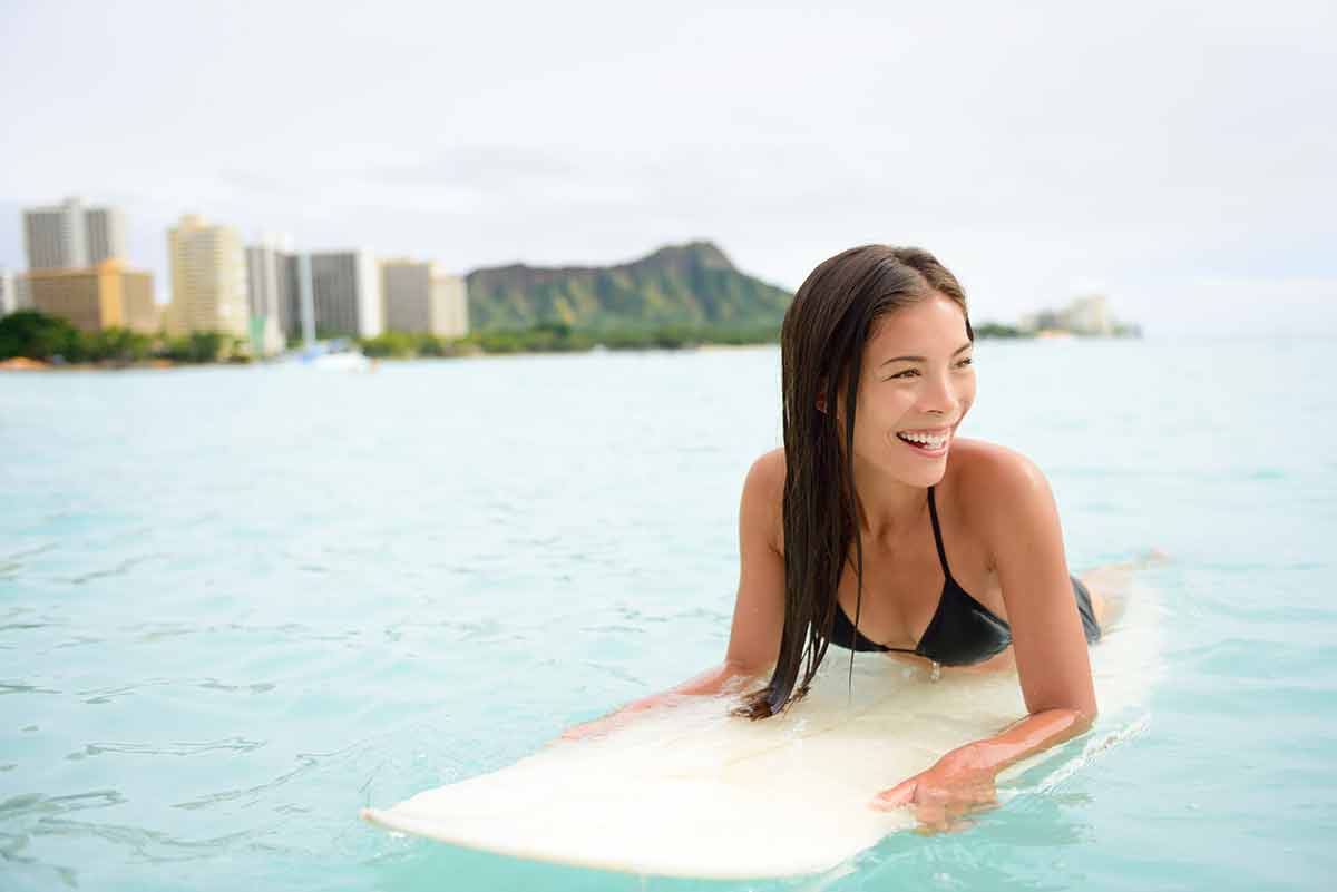 Surfer Woman Surfing On Waikiki Beach Hawaii