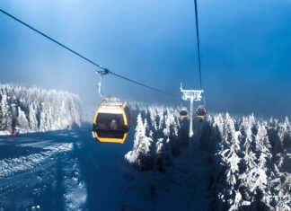 20 things to do in Telluride that feel like a movie Gondolas rises in the mountains, ski resort, snow covered Christmas trees, winter landscape