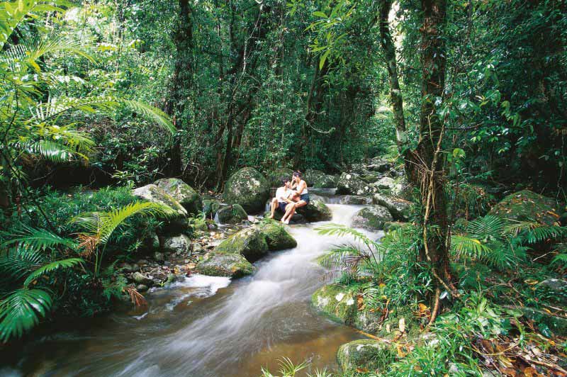 couple sitting on a rock in mossman gorge, queensland