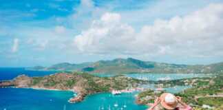 Woman admiring the View Of English Harbor From Shirley Heights, Antigua